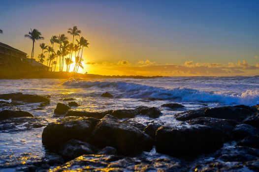 The sunrise over the beach in Kauai, Hawaii