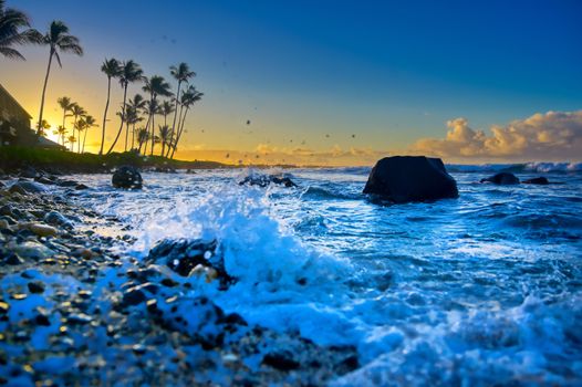 The sunrise over the beach in Kauai, Hawaii