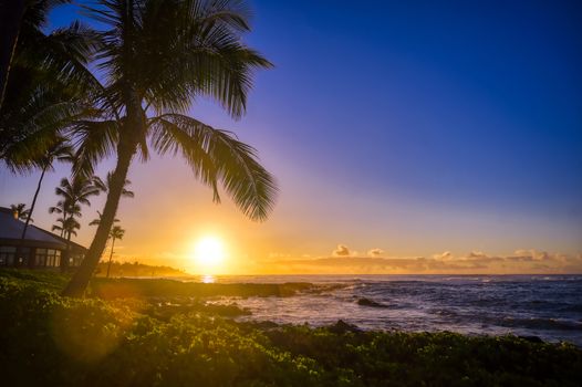 The sunrise over the beach in Kauai, Hawaii