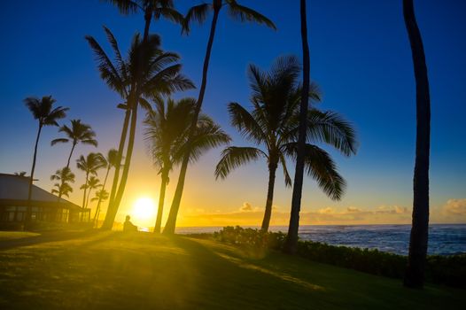 A silhouette watches the sunrise on Kauai, Hawaii.