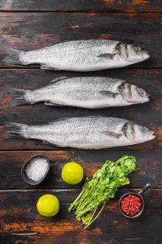 Fresh raw seabass with spices and herbs ingredients on old fisherman dark wooden table top view