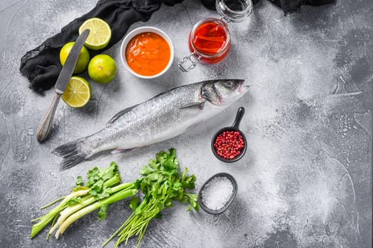 Raw sea bass with spices and herbs ingredients on grey concrete background top view space for text