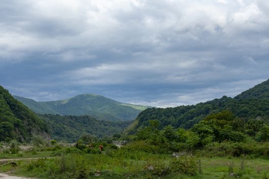 Ashe mountain river valley at the cloudy summer day