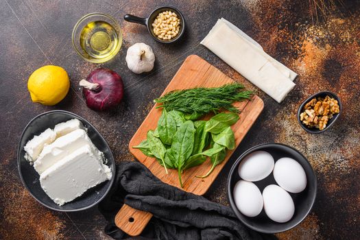 Traditional greek spanakopita ingredients filo spinach feta top view