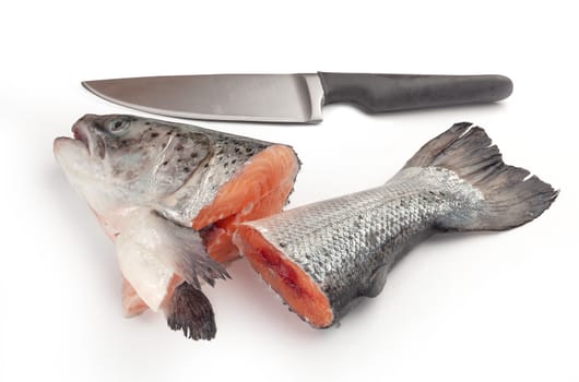 Isolated salmon for fish soup and knife