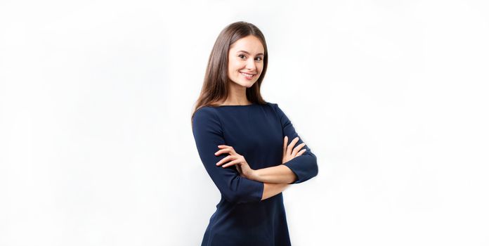 Business portrait of a woman in a blue office dress on white background. Business profile photo of happy confident woman looking into the camera.
