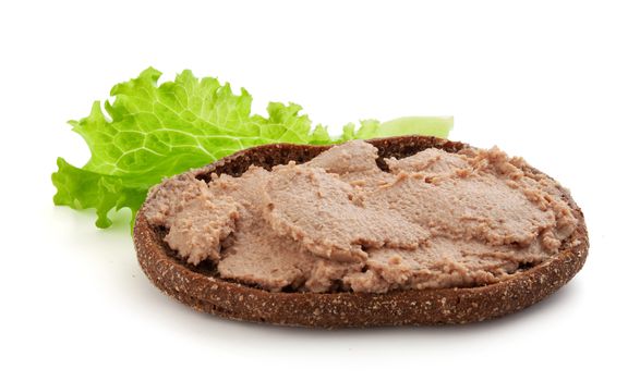 Isolated sandwich with meat pate and fresh green lettuce