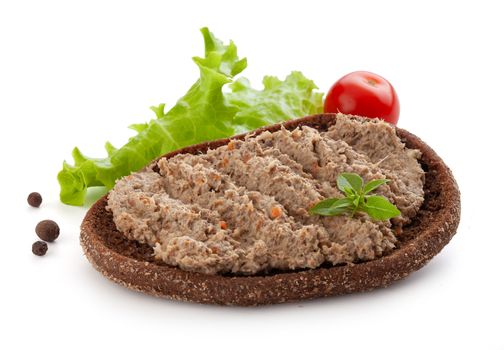 Sandwich with meat pate, lettuce, basil, tomato and black pepper
