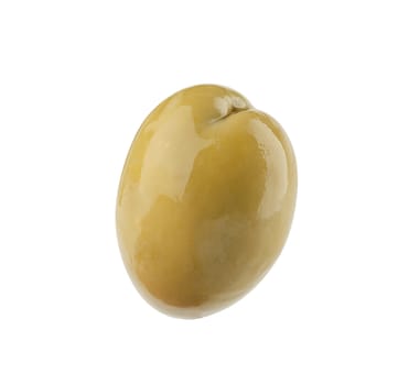 Isolated madinated green olive with the pit on the white background