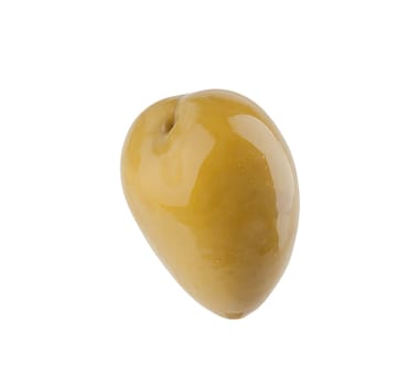 Isolated marinated green olive with the pit on the white background