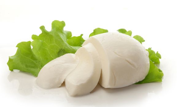 Sliced ball of mozzarella with fresh green lettuce