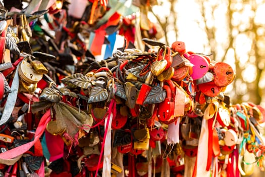 Many wedding colorful locks with the names of the newlyweds and wishes in Russian on a wedding tree. Symbol of love, marriage and happiness.