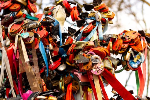 Many wedding colorful locks with the names of the newlyweds and wishes in Russian on a wedding tree. Symbol of love, marriage and happiness.