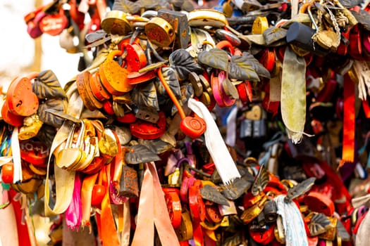 Many wedding colorful locks with the names of the newlyweds and wishes in Russian on a wedding tree. Symbol of love, marriage and happiness.