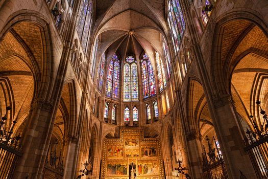 Leon, Spain - 10 December 2019: Interior of Leon Cathedral, altar