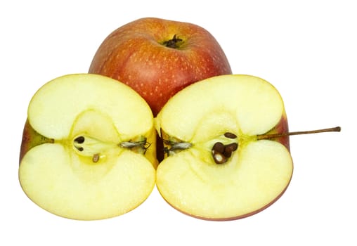 two ripe delicious juicy apples, cut in half