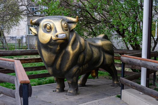 a bronze bull sculpture in a medical mask is protected against coronavirus