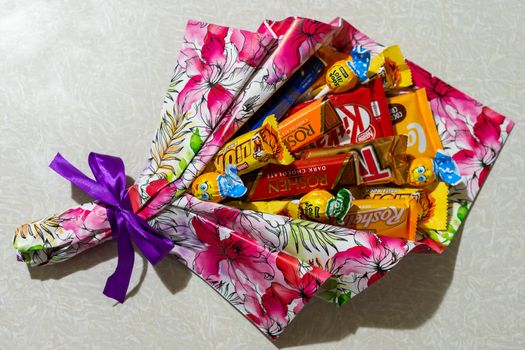 colorful bouquet of delicious candies and chocolates