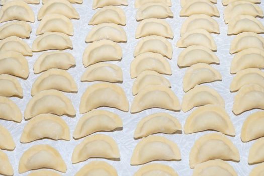 homemade delicious handmade dumplings are dusted with flour and await cooking