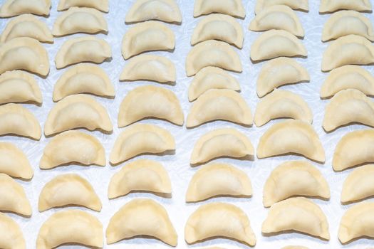 homemade delicious handmade dumplings are dusted with flour and await cooking