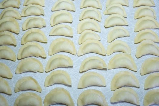 homemade delicious handmade dumplings are dusted with flour and await cooking