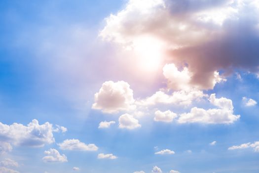 The clear sky view with white clouds and sunlight.