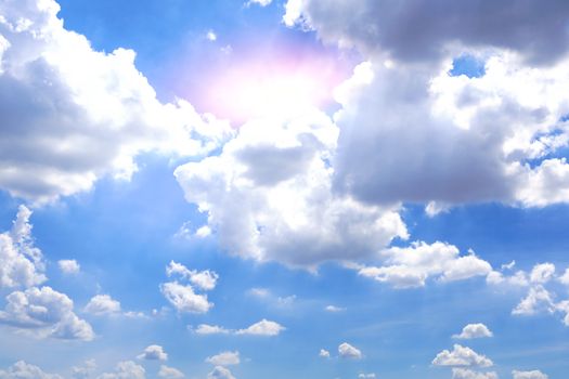 The clear sky view with white clouds and sunlight.