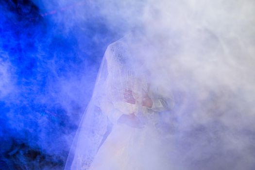 Brides dance a slow dance. Heavy smoke at the wedding. Soft focus