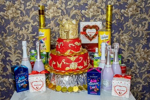 Ukraine, Vinnytsia - May 23, 2020 Holiday cake, drinks and sweets for birthday