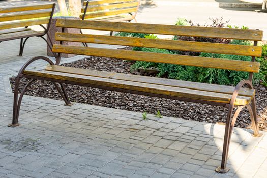 wooden bench with a metal frame in the city