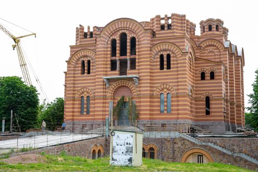 Ukraine, Vinnytsia - June 6, 2020, Pirogov Street:  construction of a church of red brick. unfinished temple