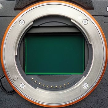Lens ring of a full-size camera with open sensor plate, close-up image