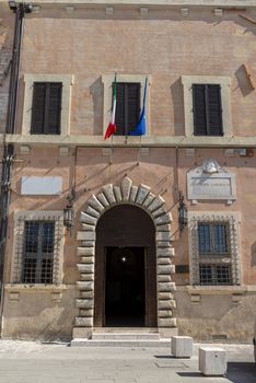 spello,italy june 27 2020:small square in front of the church of san lorenzo of spello