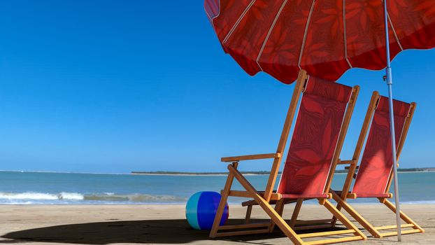 Two empty chairs on beach under opened umbrella with view on sea - 3d rendering