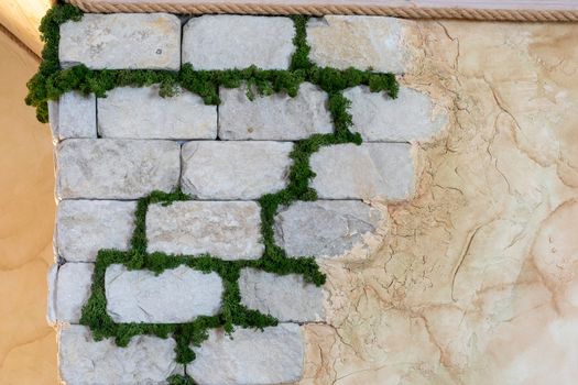 Decorative brick wall. Cement on a brick wall. The grass grows between the bricks.