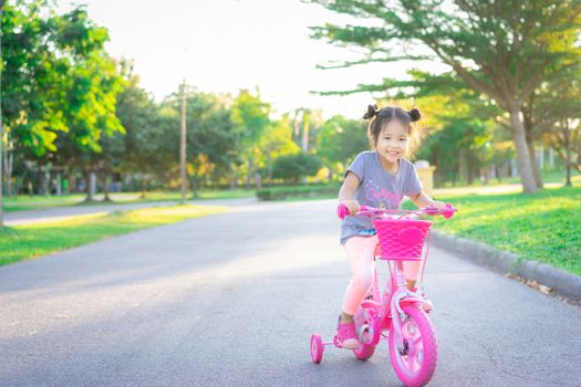 Cute little asian girl riding a bicycle to exercise in park, kids sport and active lifestyle