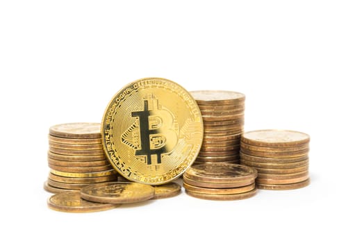 gold bitcoin and stack of dollars coin isolated on white background