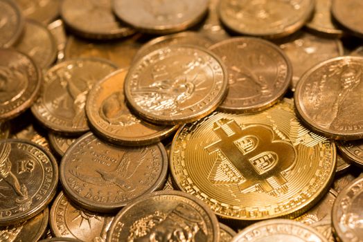 Cryptocurrency golden bitcoin  in dollars coin money for background
