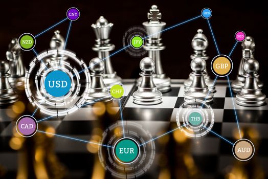 silver and gold chess pieces on a chessboard with currency connection , forex trading concept