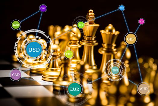 gold chess pieces on a chessboard with currency connection , forex trading concept