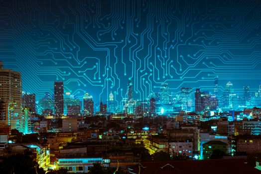 digital circuit line on blue night city background