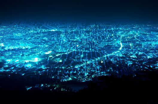 digital circuit line on blue night city background