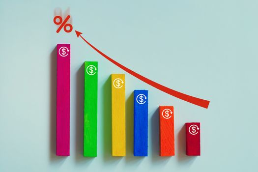 Time value of money / financial concept : Bar graph stack step down with red arrow and percent icon. Risk management business financial and managing investment percentage interest rates concept.