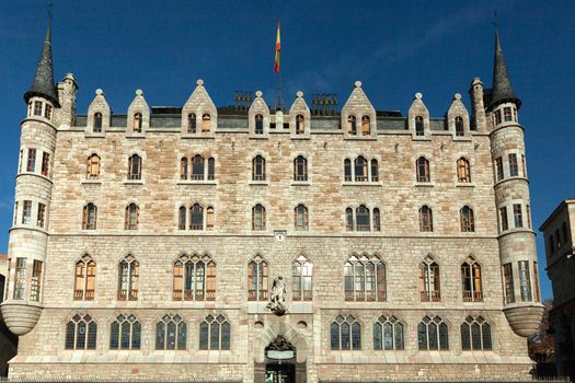 Leon, Spain - 9 December 2019: Casa Botines during the day with blue sky