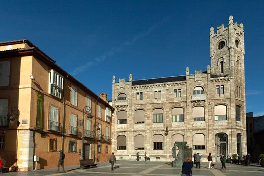 Leon, Spain - 10 December 2019: Plaza Regla with Sierra Pambley museum and Antiguo Edificio de Correos (Old post office building)