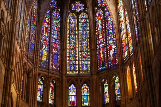 Leon, Spain - 10 December 2019: Interior of Leon Cathedral, stained glass close-up