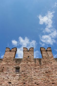 Ancient wall of Castelvecchio fortress in Verona, Italy. The medieval Castelvecchio was built between 1354 and 1356.