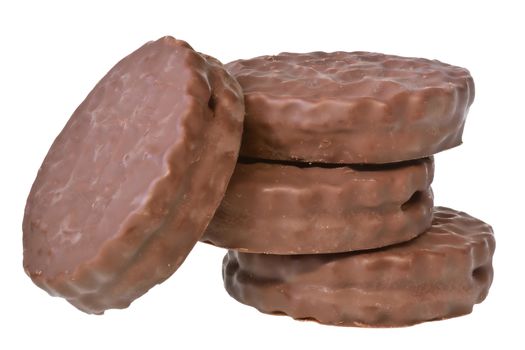 Shortbread cookie sandwich in chocolate icing isolated on a white background.