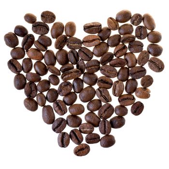 Heart made from coffee beans isolated on a white background.