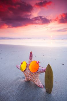 Starfish surfer in sunglasses on the beach and beautiful sunset on Bali